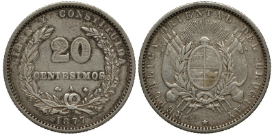 Уругвай 20 сентесимо 1877 А KM 15 серебро 633-621