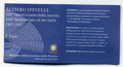Италия 5 евро 2007 100 лет со дня рождения Альтьери Спинелли KM 293 серебро UNC 6-5-1-31