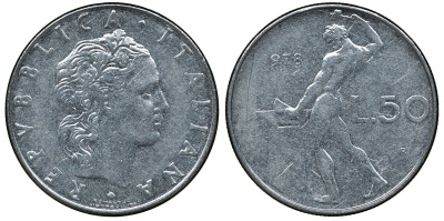 ИТАЛИЯ 50 ЛИР 1978 R, БОГ ОГНЯ ВУЛКАН У НАКОВАЛЬНИ KM 95.1 нержавеющая сталь 72-541