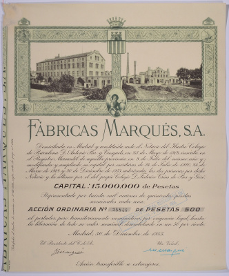 ИСПАНИЯ АЦИЯ НА 500 ПЕСЕТ 1953 FABRICAS MARQUES S.A., МАДРИД 1953 бумага 5544-4
