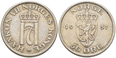 Норвегия 50 эре 1957 Хокон VII (1905-1957) KM 402 медно-никель 119-935