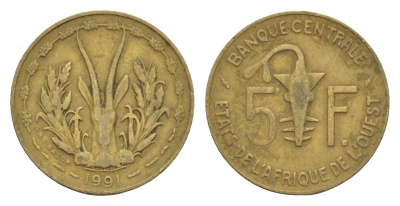 Западная Африка (BCEAO) 5 франков 1991 KM 2a медь алюминий никель 4655-817