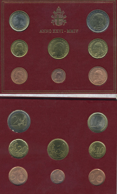 Ватикан евронабор из 8 монет 2004 Папа Иоанн Павел II, в оригинальном буклете KM MS 110 биметалл UNC 7-5-5-03