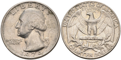 США 25 центов (квотер) 1974 Вашингтон KM 164a медь плакированная медно-никелем 4584-1037