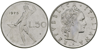 Италия 50 лир 1975 R, бог огня Вулкан у наковальни KM 95.1 нержавеющая сталь 4138-612
