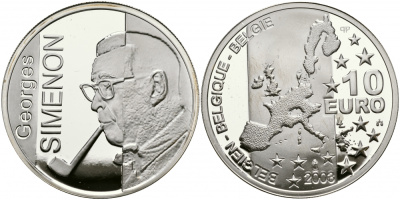 Бельгия 10 евро 2003 100 лет со дня рождения Жоржа Сименона KM 235 серебро PROOF 1087-1-52