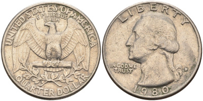 США 25 центов (квотер) 1980 P, Вашингтон KM A164a медь плакированная медно-никелем 4592-222