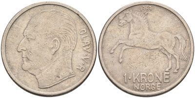 НОРВЕГИЯ 1 КРОНА 1969 ЛОШАДЬ KM 409 медно-никель 4589-447