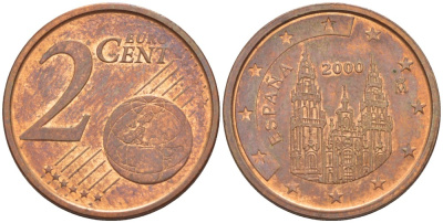 ИСПАНИЯ 2 ЕВРОЦЕНТА 2000 KM 1041 сталь плакированная медью 4543-342