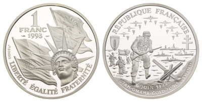 Франция 1 франк 1993 D-DAY, высадка в Нормандии, в оригинальной коробке, сертификат KM 1014 серебро  PROOF  1-6-4-27