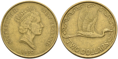Новая Зеландия 2 доллара 1990 Елизавета II (1952-2022), большая белая цапля KM 79 алюминиевая бронза 81-414