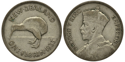Новая Зеландия 1 флорин 1933 Георг V (1910-1936), птичка киви KM 4 серебро 272-1131