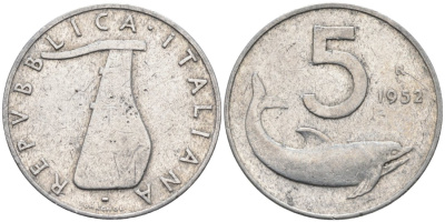 ИТАЛИЯ 5 ЛИР 1952 R, РУЛЬ, ДЕЛЬФИН КМ 92 алюминий 4573-215