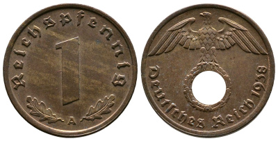 Германия 1 рейхспфенниг 1938 A KM 89, J. 361 бронза    220-257