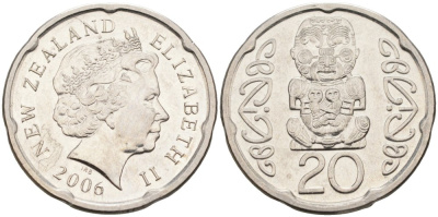 Новая Зеландия 20 центов 2006 Елизавета II (1952-2022), идол Пукаки KM 118а никелированная сталь 4579-1116