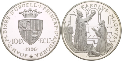 Андорра 10 динеров 1996 папа Лев III коронует Карла Великого, ECU KM 121 серебро PROOF 1081-5-64