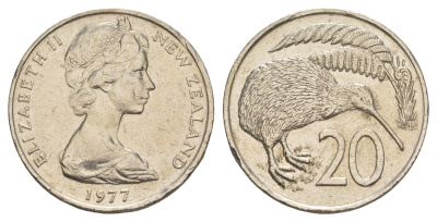 Новая Зеландия 20 центов 1977 Елизавета II (1952-2022), птичка киви KM 36 медно-никель 93-935