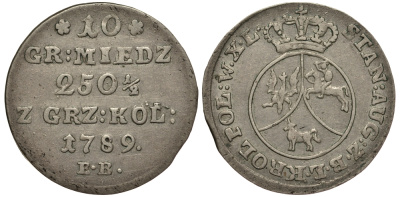 Польша 10 грошей 1789 EB, Станислав Август Понятовский (1764-1795), вес 2,37 г, Варшавский монетный двор KM 206 (С48), Kopinski 394.3 серебро 00-000-00