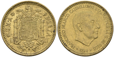Испания 1 песета 1966 (72) Франсиско Франко (1939-1975) KM 796 алюминиевая бронза 4571-1137