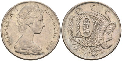Австралия 10 центов 1970 Елизавета II (1952-), птица лирахвост KM 65 медно-никель 4566-454