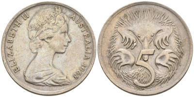 АВСТРАЛИЯ 5 ЦЕНТОВ 1968 ЕЛИЗАВЕТА II, МОЛОДОЙ ПОРТРЕТ, ЕХИДНА KM 64 медно-никель 4564-1151