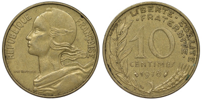 Франция 10 сантимов 1976 тип Marianne KM 929, Le Franc 144.16 медь алюминий никель 4128-211