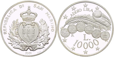 Сан-Марино 1000 лир 2001 R, последний выпуск лировой системы KM 436 серебро PROOF 00-000-00