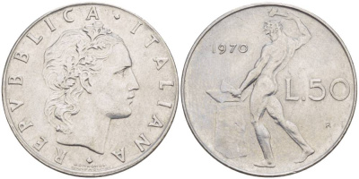 ИТАЛИЯ 50 ЛИР 1970 R, БОГ ОГНЯ ВУЛКАН У НАКОВАЛЬНИ KM 95.1 нержавеющая сталь 4551-353