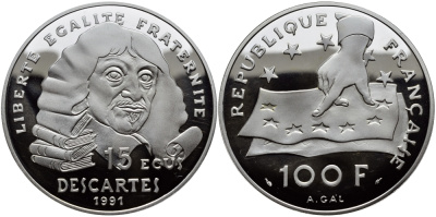 Франция 100 франков - 15 экю 1991 Декарт KM 1002 серебро PROOF 1091-1-63