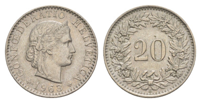 Швейцария 20 раппенов 1963 B KM 29a медно-никель 4625-1113