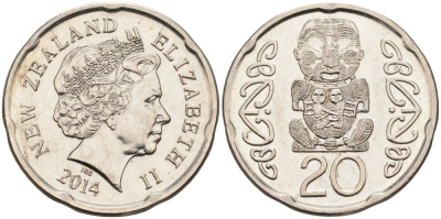 Новая Зеландия 20 центов 2014 Елизавета II (1952-2022), идол Пукаки KM 118а никелированная сталь 4579-1246