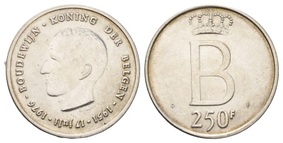Бельгия 250 франков 1976 25 лет правления Бодуэна I, der Belgen KM 158 серебро 1519-1322