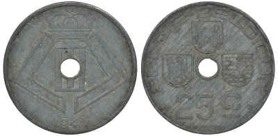 Бельгия 25 сантимов 1946 Belgie-Belgique KM 132 цинк 4163-641