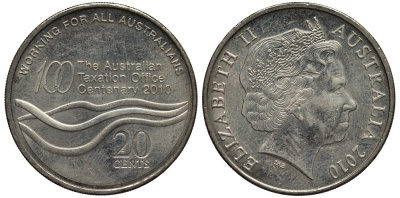АВСТРАЛИЯ 20 ЦЕНТОВ 2010 100 ЛЕТ НАЛОГОВОМУ УПРАВЛЕНИЮ KM 1513 медно-никель 4538-245