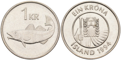 Исландия 1 крона 1994 треска KM 27а сталь плакированная никелем 4591-517