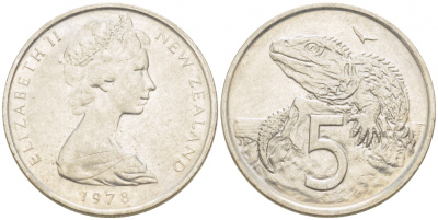 Новая Зеландия 5 центов 1978 Елизавета II (1952-2022), ящерица гаттерия KM 34.1 медно-никель 214-852