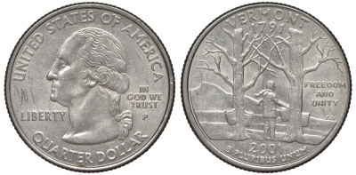 США 25 центов = квотер 2001 Р, серия штаты США, Вермонт KM 321 медь плакированная медно-никелем 4538-1013
