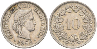 ШВЕЙЦАРИЯ 10 РАППЕНОВ 1968 В KM 27 медно-никель 55-355