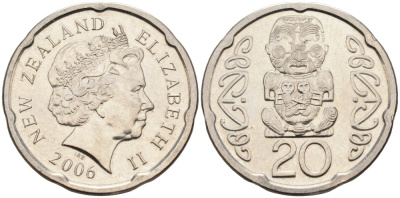 Новая Зеландия 20 центов 2006 Елизавета II (1952-2022), идол Пукаки KM 118а никелированная сталь 4579-1151