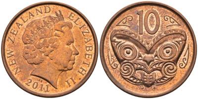 Новая Зеландия 10 центов 2011 маска Маори, Елизавета II (1952-) KM 117а сталь плакированная медью 4610-737