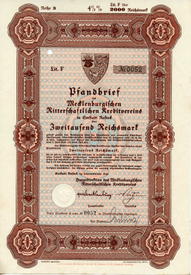 Германия 2000 рейхсмарок 1940 Мекленбургский рыцарский кредитный клуб, 4 1/2%, облигация   бумага   8803-43-1