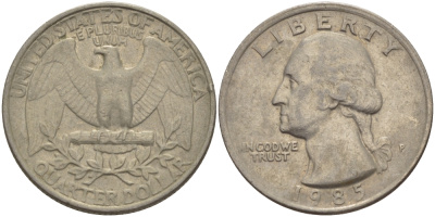 США 25 ЦЕНТОВ = КВОТЕР 1985 Р, ВАШИНГТОН KM А164а медь плакированная медно-никелем 31-746