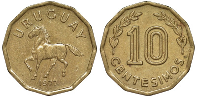 Уругвай 10 сентесимо 1977 KM 66 алюминиевая бронза 4164-755
