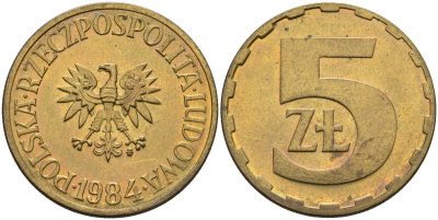 Польша 5 злотых 1984 MW KM 81.1, Parchimowicz 221i латунь aUNC 4551-523