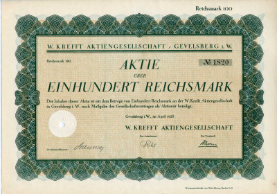 Германия 100 рейхсмарок 1928 Акционерное общество В. Креффта, Гевелсбер, акция   бумага   8803-74-1