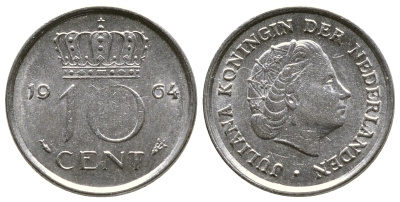 НИДЕРЛАНДЫ 10 ЦЕНТОВ 1964 ЮЛИАНА KM 182 никель 4385-642