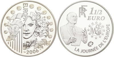 Франция 1 1/2 евро 2006 Декларация Шумана, день Европы 9 мая 1950 года KM 2037 серебро PROOF 06-281-11