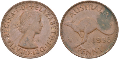Австралия 1 пенни 1958 КЕНГУРУ, Елизавета II, С ТОЧКОЙ ПОСЛЕ PENNY KM 56 бронза 4542-746