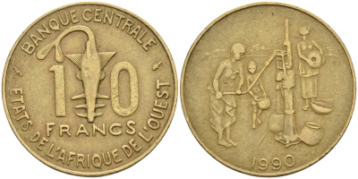 Валютное сообщество стран Западной Африки 10 франков 1990 FAO KM 10 латунь    4595-717