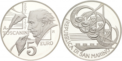 Сан-Марино 5 евро 2007 дирижер Артуро Тосканини KM 474 серебро PROOF 02-069-45